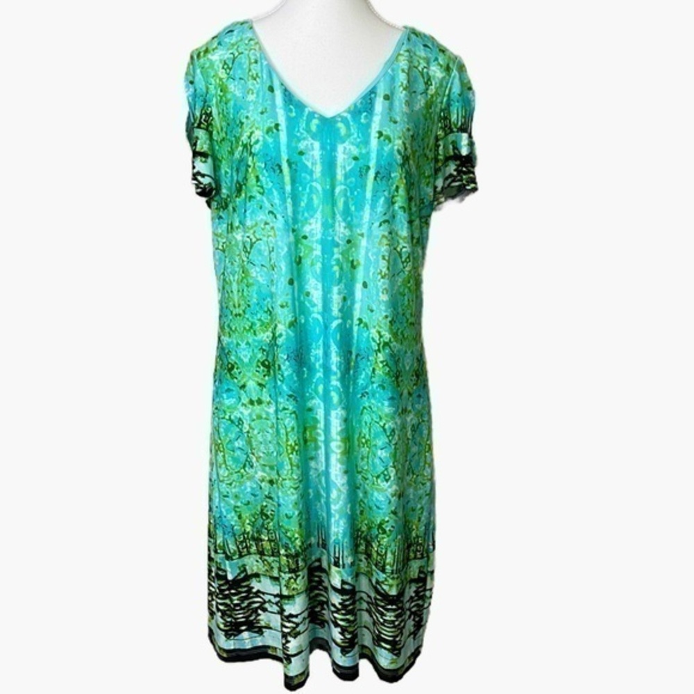 LONDON TIMES COLD SHOULDER BLUE GREEN SHIFT DRESS